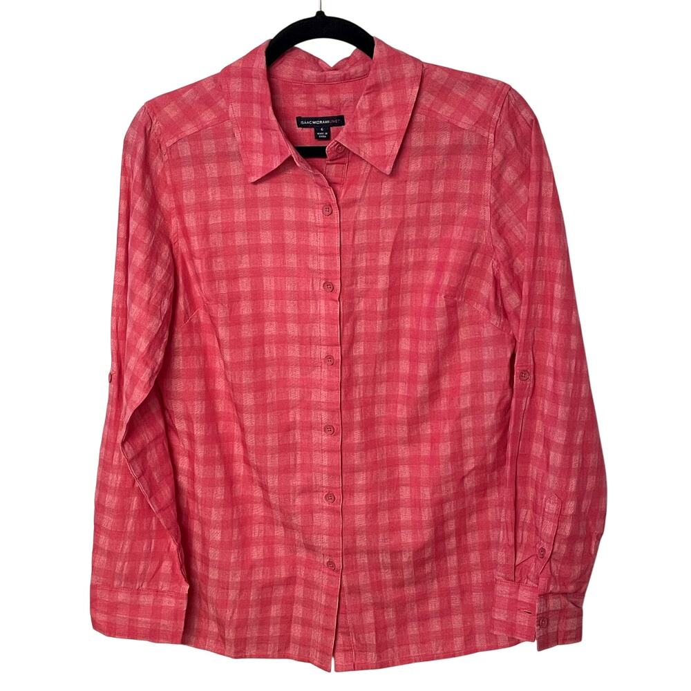 Isaac Mizrahi Live Pink Plaid Button Down Shirt Collared Size 6 Long Sleeve